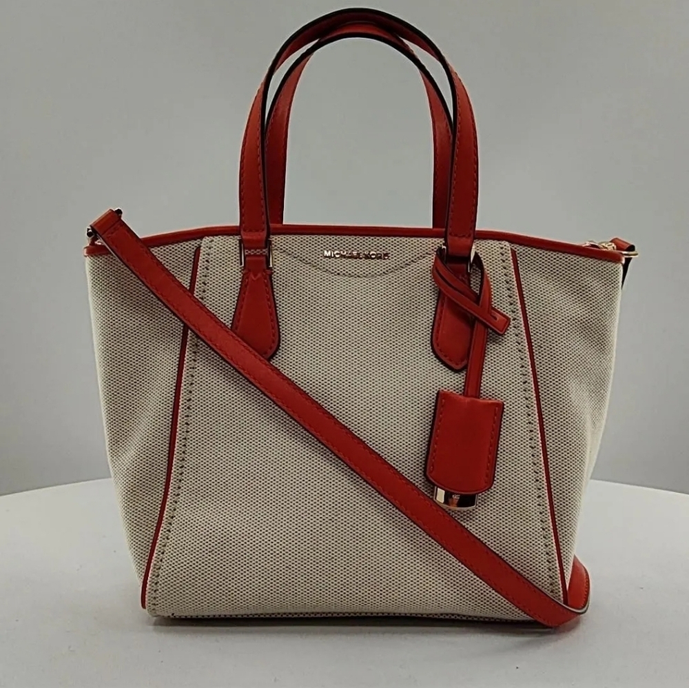 Michael Kors Elegant Orange and Cream Canvas Tote